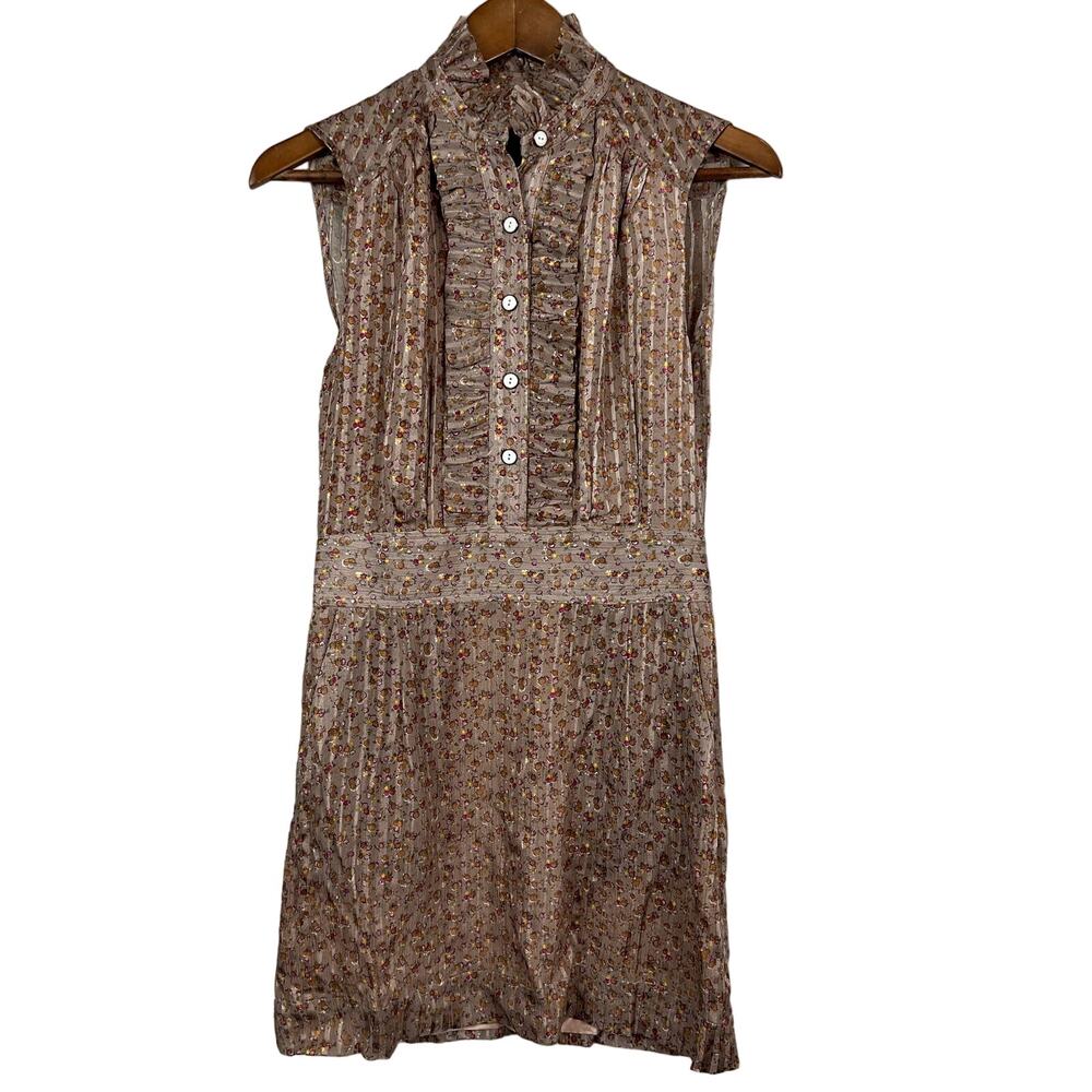 Sunner Shirt Dress Micro Floral Print Ruffle Front Mini Sleeveless - M